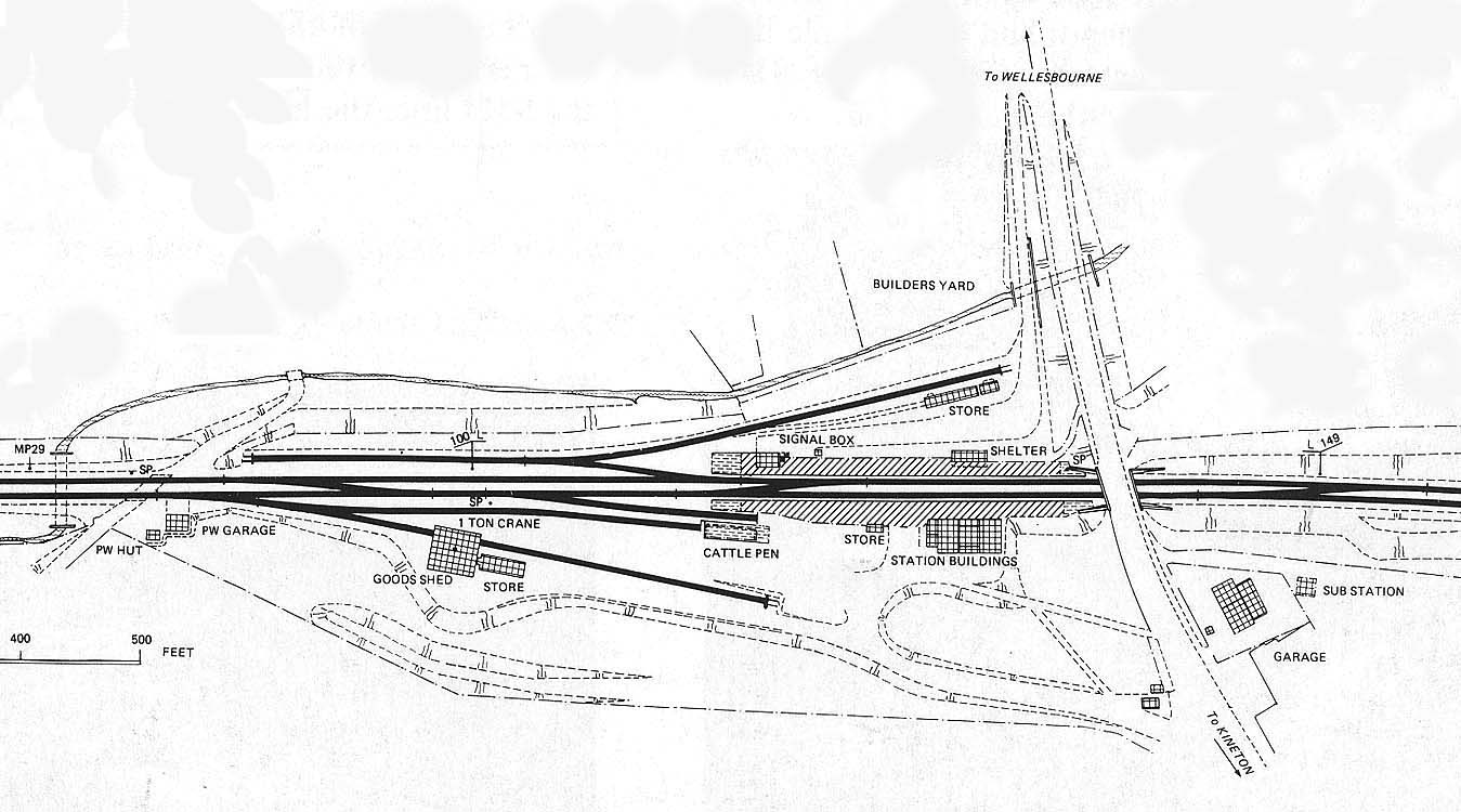A post 1925 plan of Kineton station showing the goods yard and shed including PW facilities
