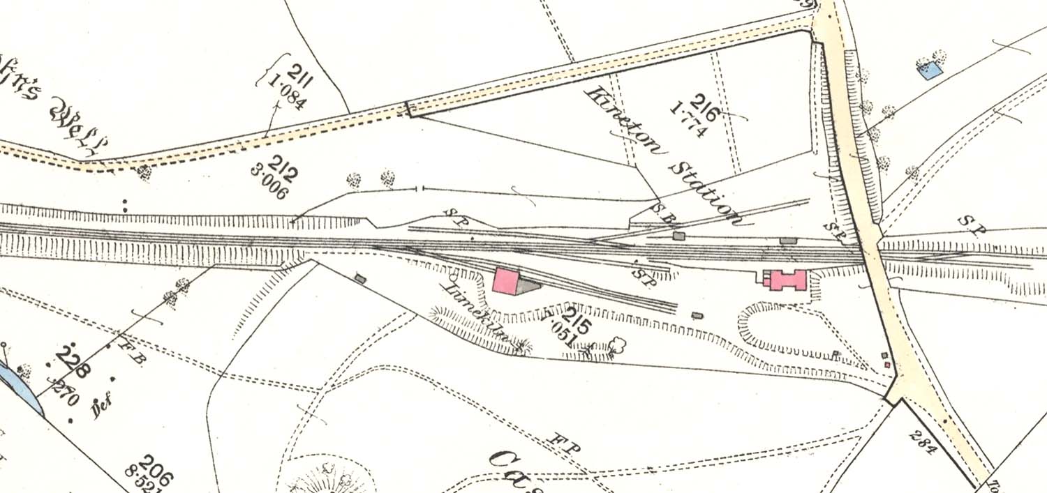 An 1885 25 inch to the mile Ordnance Survey map of Kineton station showing the layout of both goods yards