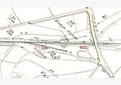 An 1885 25 inch to the mile Ordnance Survey map of Kineton station showing the layout of both goods yards