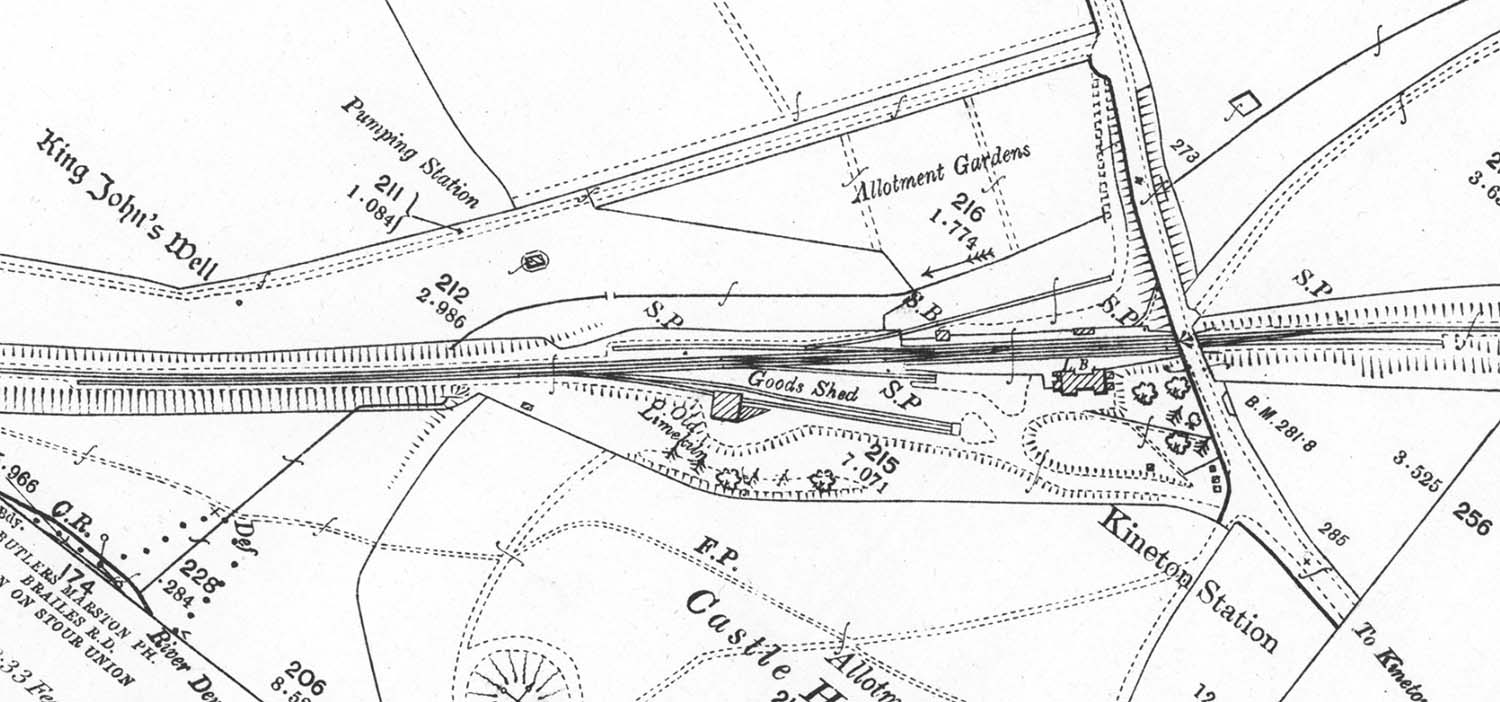 A 1905 25 inch to the mile Ordnance Survey map of Kineton station showing the layout of both goods yards