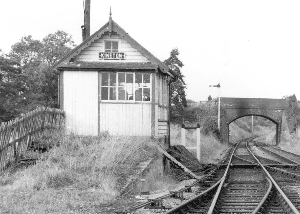 Close up showing Kineton signal box still operational after the station's closure to passengers and goods services