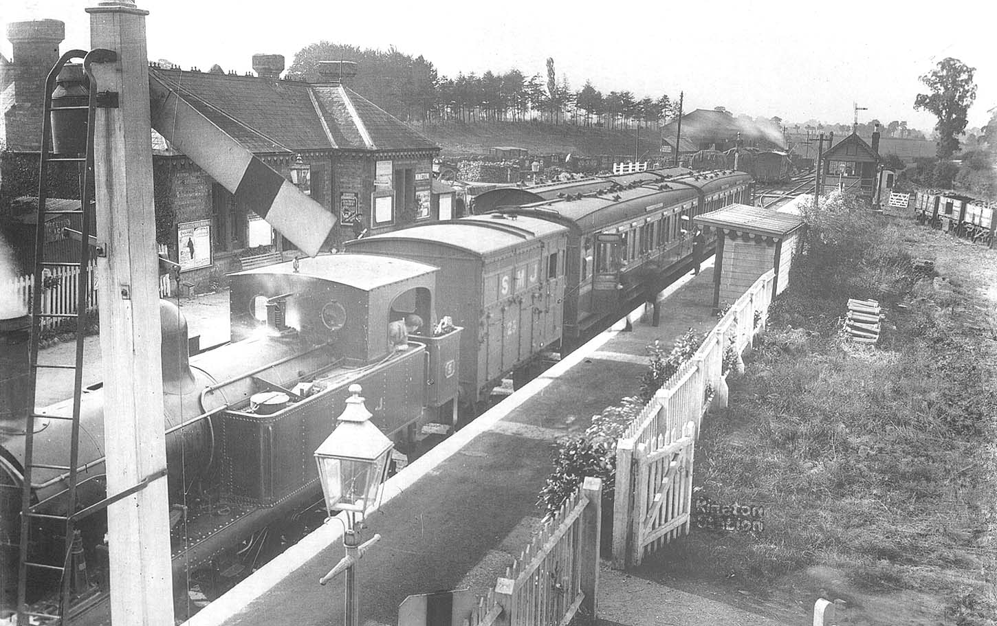 SMJ 2-4-0T No 5 on a Woodford & Hinton passenger train with a SMJ horse box and two GCR carriages