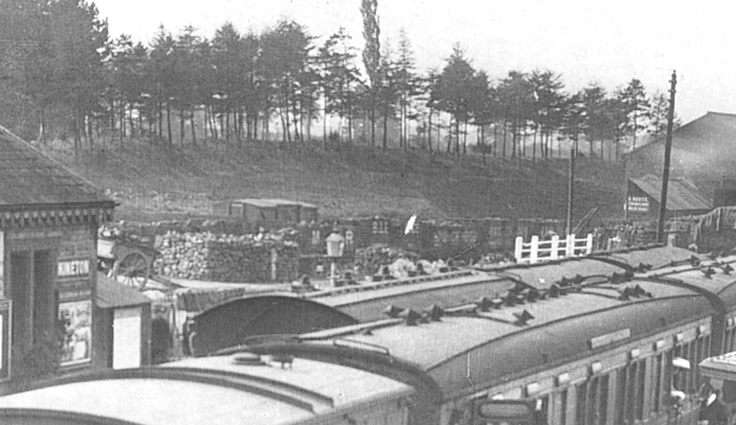Close up showing three SMJ carriages standing behind the Great Central coaches and a variety of wagons in the yard