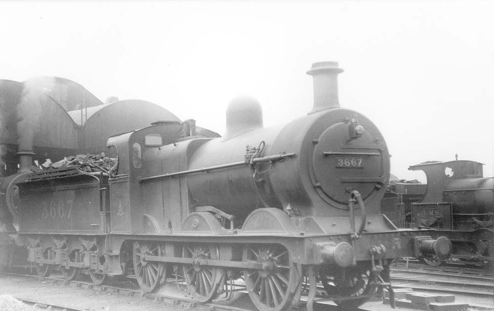 Ex-MR 3F 0-6-0 No 3667 stands on shed prepared for its next set of duties on 12th June 1924