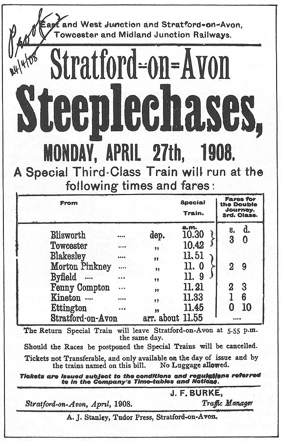 An E&WJR Handbill advertising fares from its station to Stratford on Avon Races on 27th April 1908
