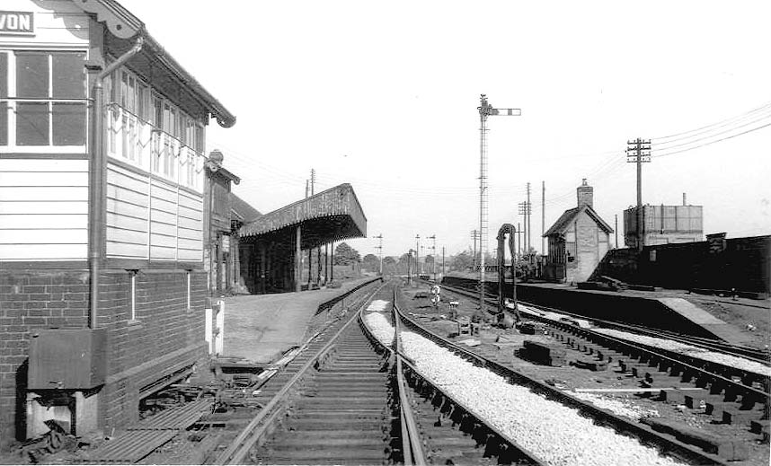 Looking East towards Fenny Compton with the second signal box on the left and the water tower for the shed on the right