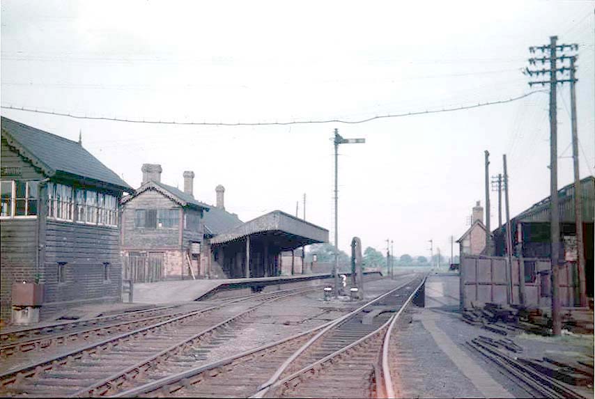 Colour view looking East from the Broom end of the down line showing the second signal box on the left and the shed on the right