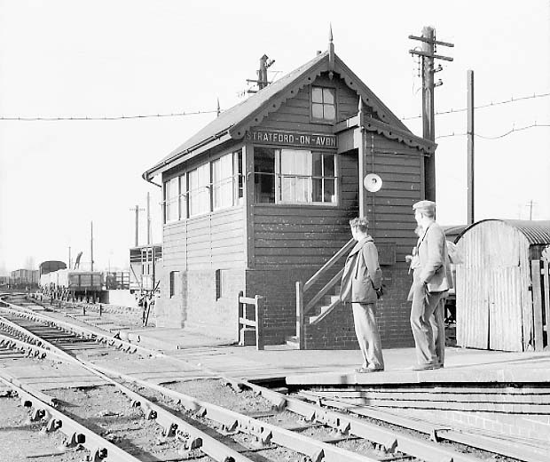 A 1955 view of the second signal box erected at Stratford on Avon station with the goods yard behind
