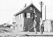 A 1955 view of the second signal box erected at Stratford on Avon station with the goods yard behind