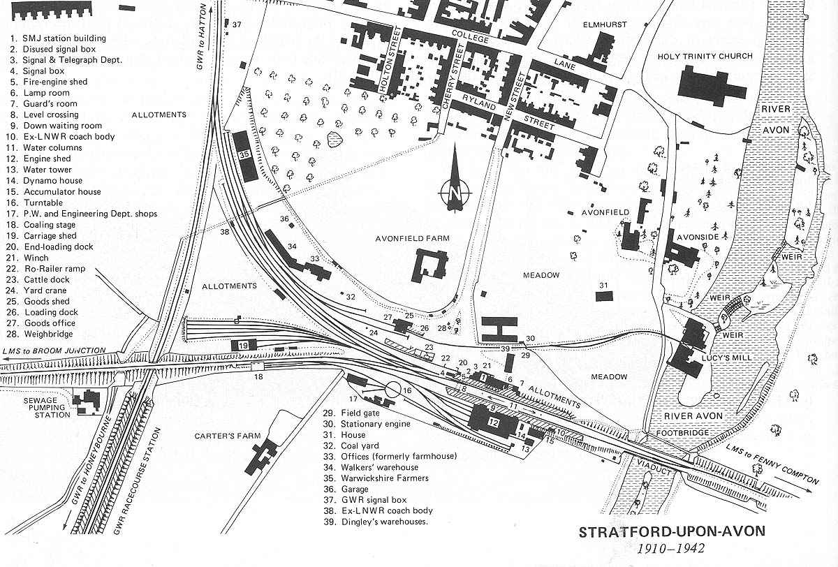 A schematic map showing the SMJ station, shed, goods yard and sidings from 1910 to 1942