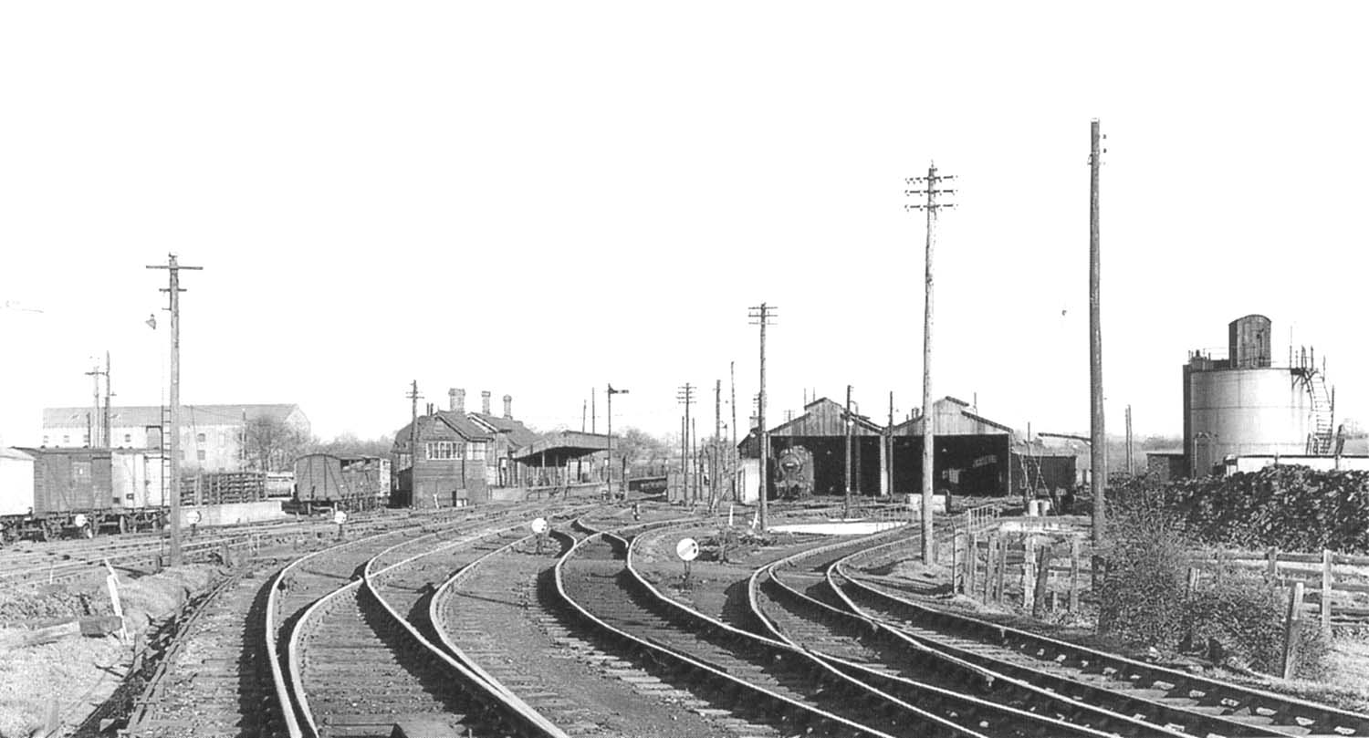 A general view of Stratford Old Town station, looking east towards Fenny Compton, with the lines in the foreground leading to Broom Junction