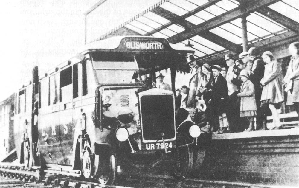 Passengers prepare to board the Ro-Railer during one of its fare-paying tests in April 1932