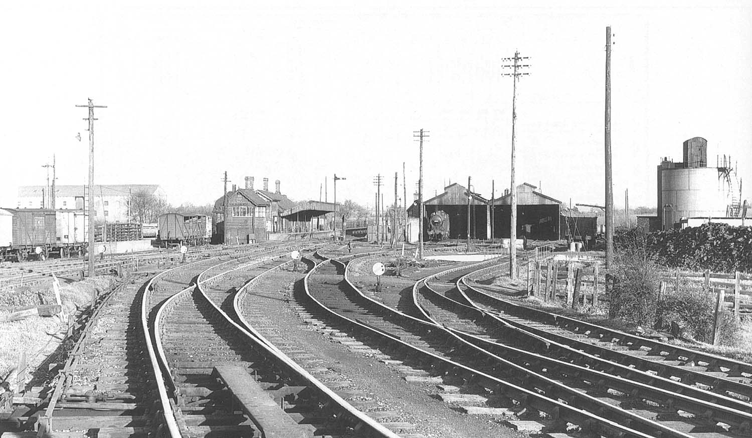 Looking eastwards towards the station on the left and the shed on the right on 22nd March 1957