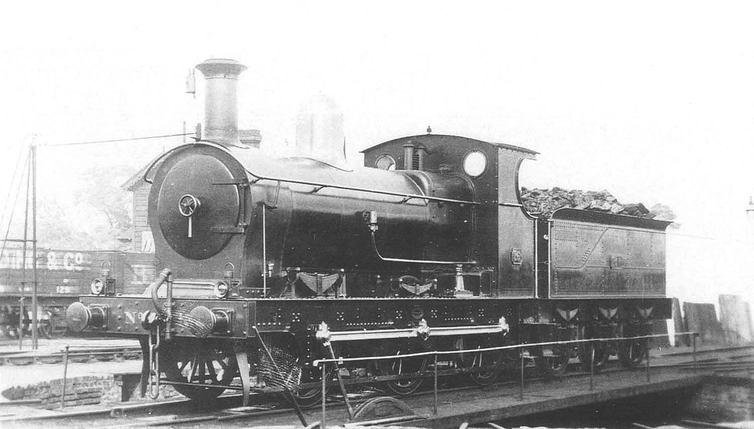 E&WJR 0-6-0 No 16, in E&WJR livery, stands resplendent on Stratford upon Avon shed's turntable prior to 1909
