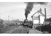 Ex-LMS 4F 0-6-0 No 44491 is acting as shunter at Stratford Old Town during advanced works on the southern junction on 29th April 1959
