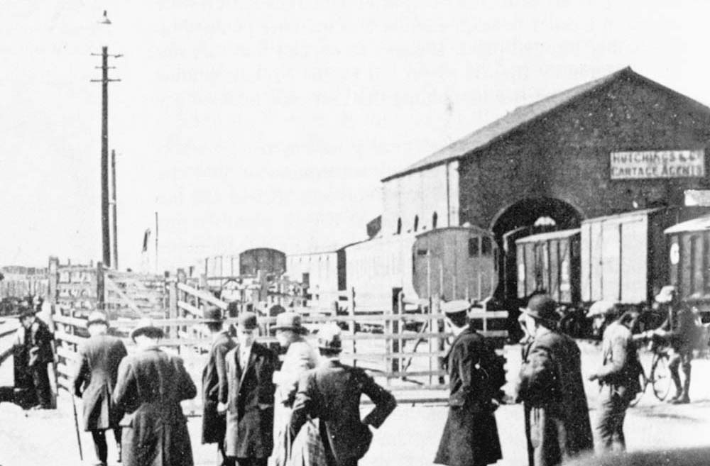 Close up showing a view of the goods yard and sidings including the cattle pens and goods shed