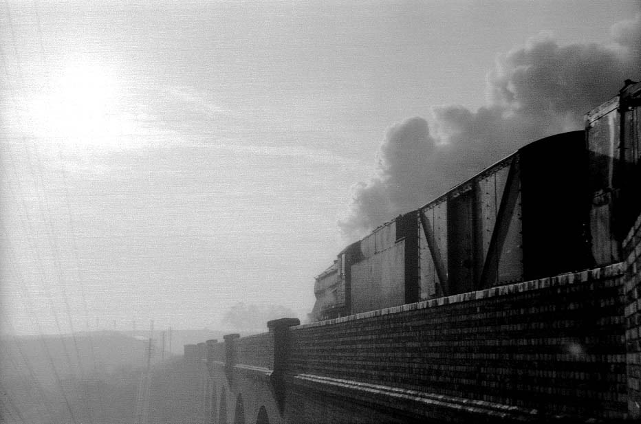 Ex-WD 'Austerity' 2-8-0 No 90448 crosses Catesby viaduct heading into a wintry sun on the long drag up to the tunnel