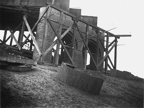 View of one of the completed skewed brick piers used to carry the steel girders over the Oxford Canal