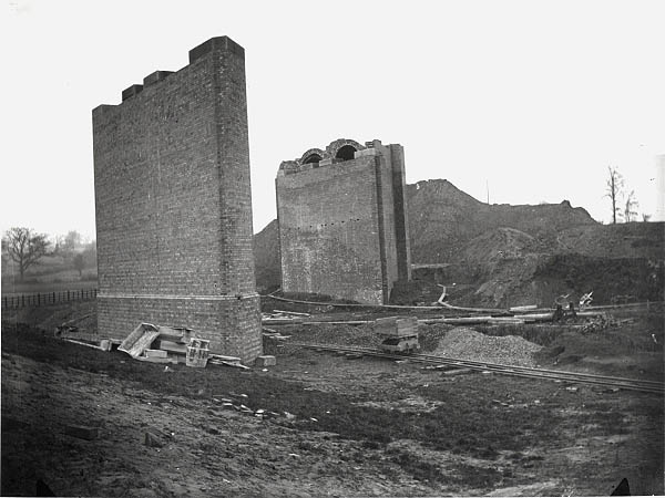View of two massive brick piers being built to carry the Great Central over low lying ground near Rugby