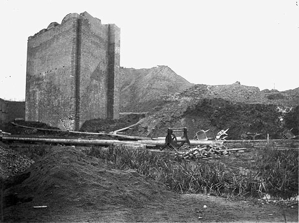 A close up view of one of the massive brick abutments built to anchor the the north end of the Great Central viaduct