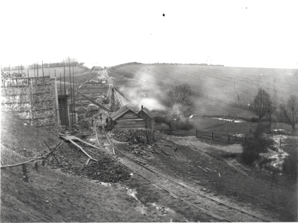 A panoramic view of the building of the twelve arch Catesby viaduct  during its construction