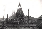 View of the timber framed headgear used to ferry men and materials up and down shaft No 7 of Catesby tunnel