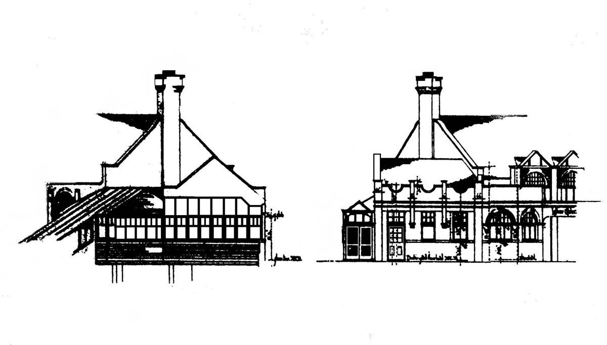 Close up showing the side and front elevations of the single storey office accommodation for parcels and passenger access to the platform