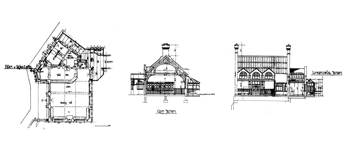 Close up showing a detailed plan, a front to rear cross-section and a rear road level section of Rugby station