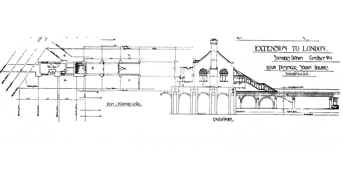 Close up showing an end elevation of Rugby station along both the road and platform levels