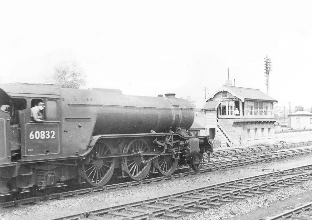 Ex-LNER Class V2 2-6-2 No 60832 passes Rugby Signal Box on a down slow passenger service in May 1950