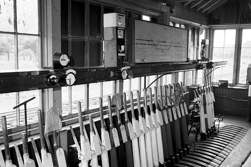 Internal view of Rugby Station Signal Cabin showing the lever frame and signal diagram used to control this section of track