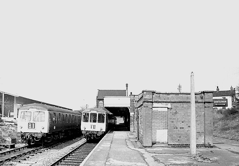 A set of Class 108 Diesel Multiple Units stands at the down platform ready for the next service back to Nottingham on 17th April 1969