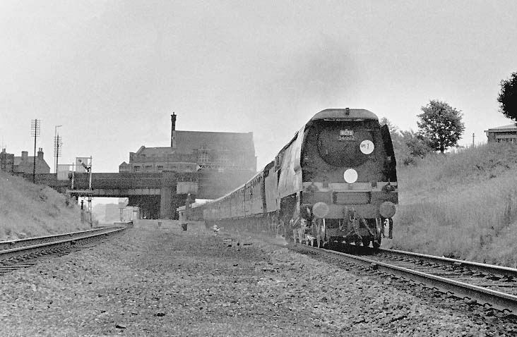 Ex-Southern Railway West Country Class 4-6-2 No 34002 'Salisbury' heads north away from Rugby Central on 13th August 1966