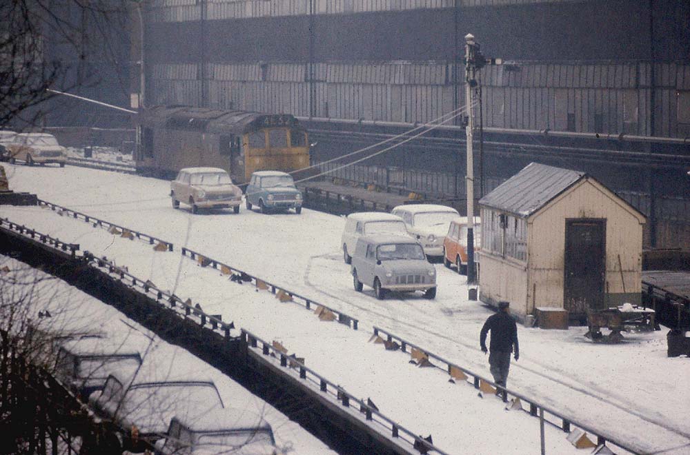 A BRCW Type 3 Bo-Bo diesel-electric locomotive stands at Longbridge's loading dock in February 1972