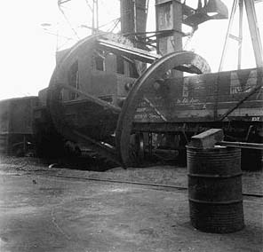 The first of four photographs showing the aftermath of a shunting incident at the Power Station's rotary coal tippler in the late 1940s