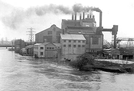 View of Avon Bridge Power Station, originally built in 1921, is seen in its final modified form in 1947