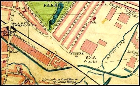 Plan showing the locations of the Birmingham Small Arms factories and their proximity to the Singer works