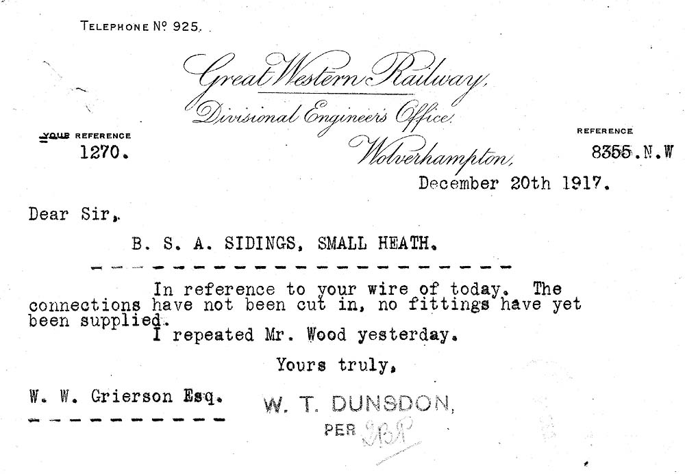 A Great Western Railway Memo responding to an enquiry about the connections to the exchange sidings for the BSA Waverley Road Works