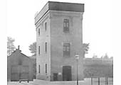 View of Coventry Gasworks' single road engine shed located alongside the water tank