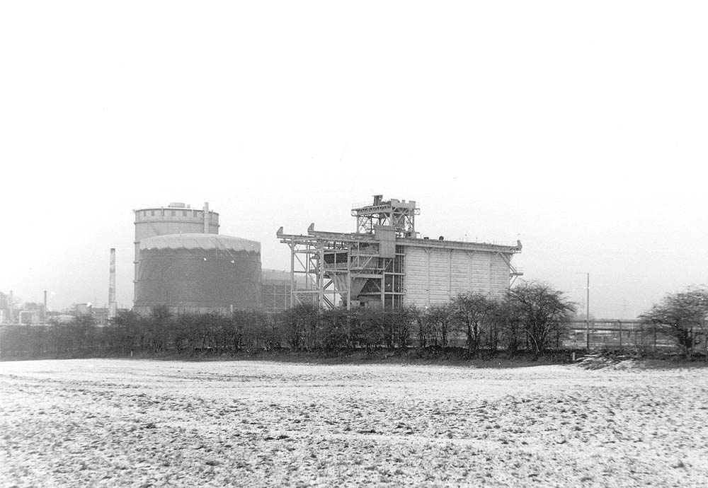 A distant view across to the old coking plant with Coventry Gas Work's Gasometers to the rear in the Winter of 1971