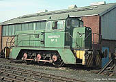 View of Diesel Hydraulic 'Baddersley No 3' stands alongside Daw Mill locomotive shed on 25th April 1988