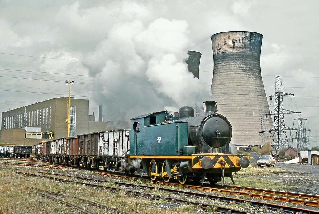 RSH 0-6-0 CEGB No 9 is seen shunting a rake of British Railway steel bodied wagons at Hams Hall in the early 1970s