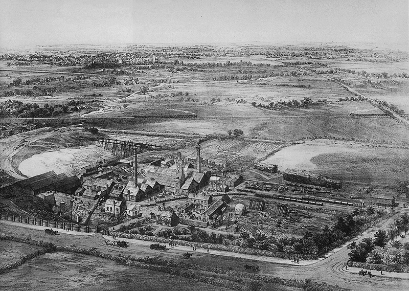 View showing Rugby Cement's New Bilton Works with wagons standing in the yard sidings circa 1850s