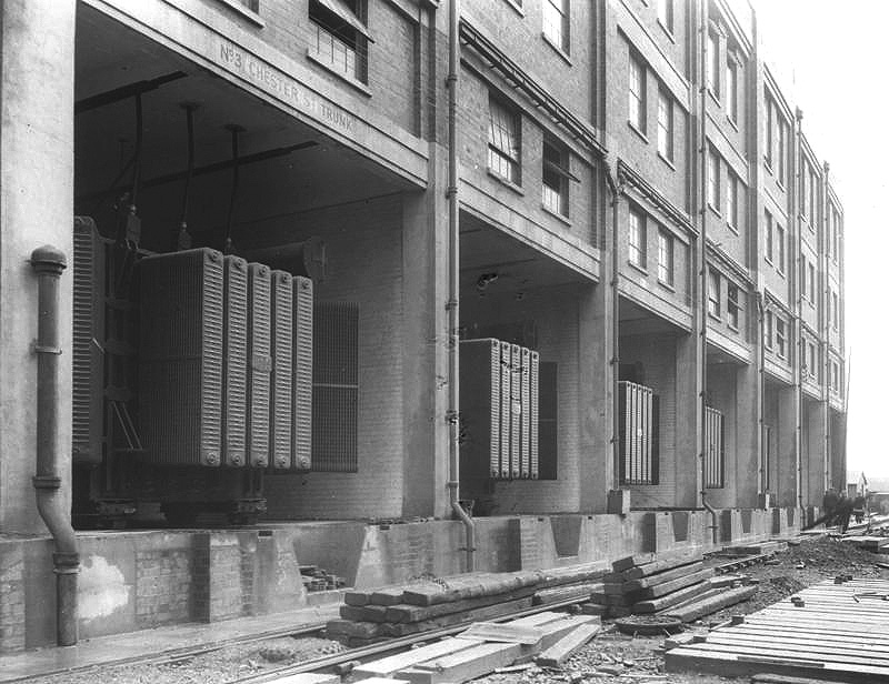 View of Nechells B Power Station's step-up transformers which supplied the electrical network with electricity