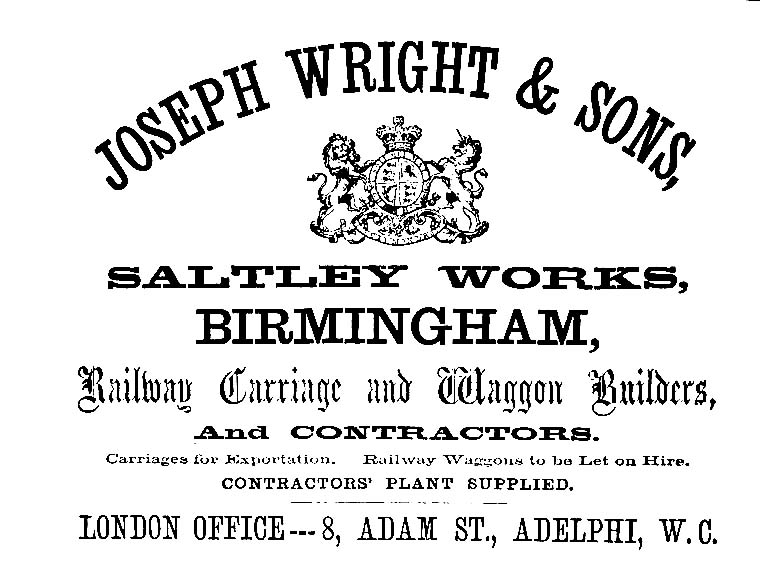 An advert for Joseph Wright & Sons, Railway Carriage and Waggon Builder's, Saltley Works, Birmingham