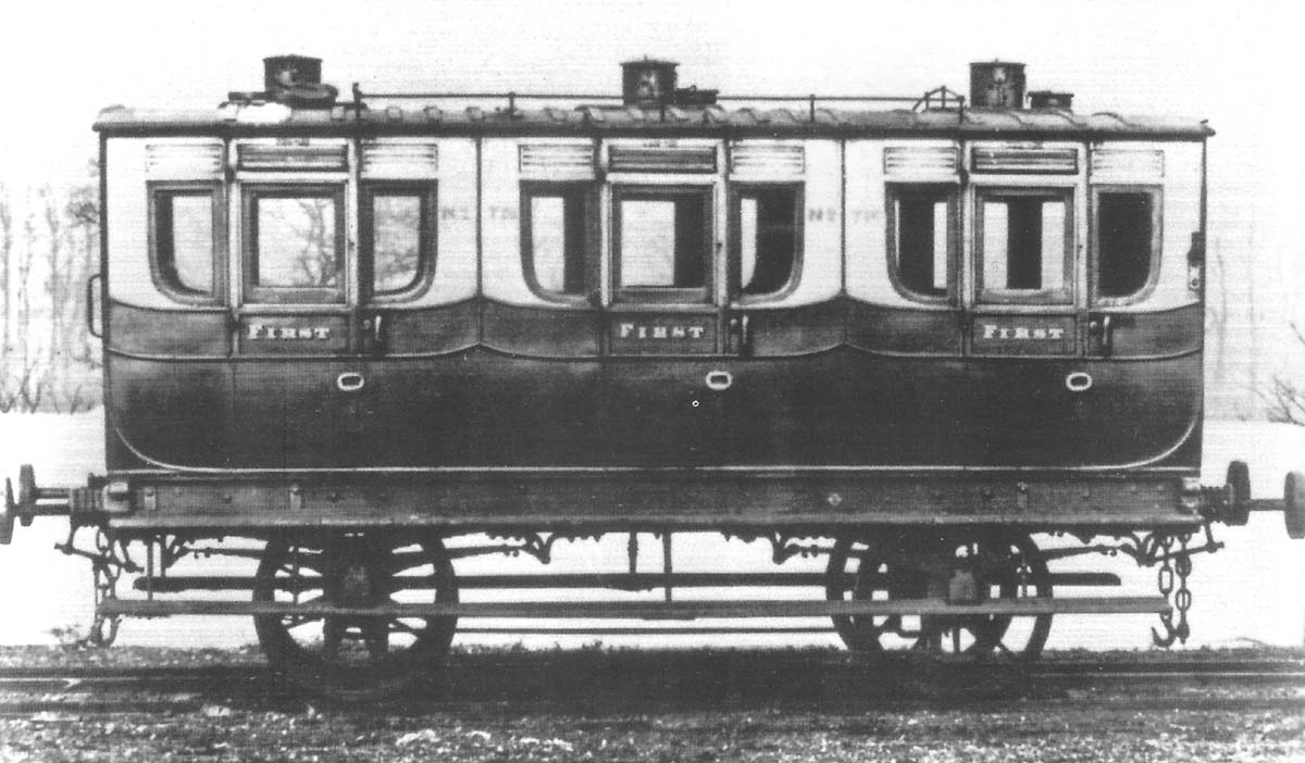 A four-wheel standard gauge First Class carriage built for the Chester & Birkenhead Railway by Joseph Wright & Sons