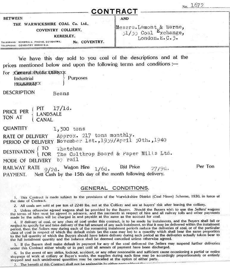 Another contract by the Warwickshire Coal Company to the coal factors Lamont and Warne, this time for 1,300 tons of beans