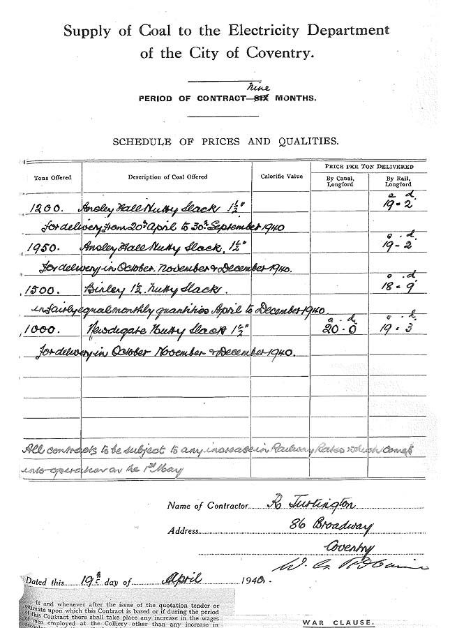 R Turtington's contract for the amount of coal to be delivered over a given period from 19th April 1940