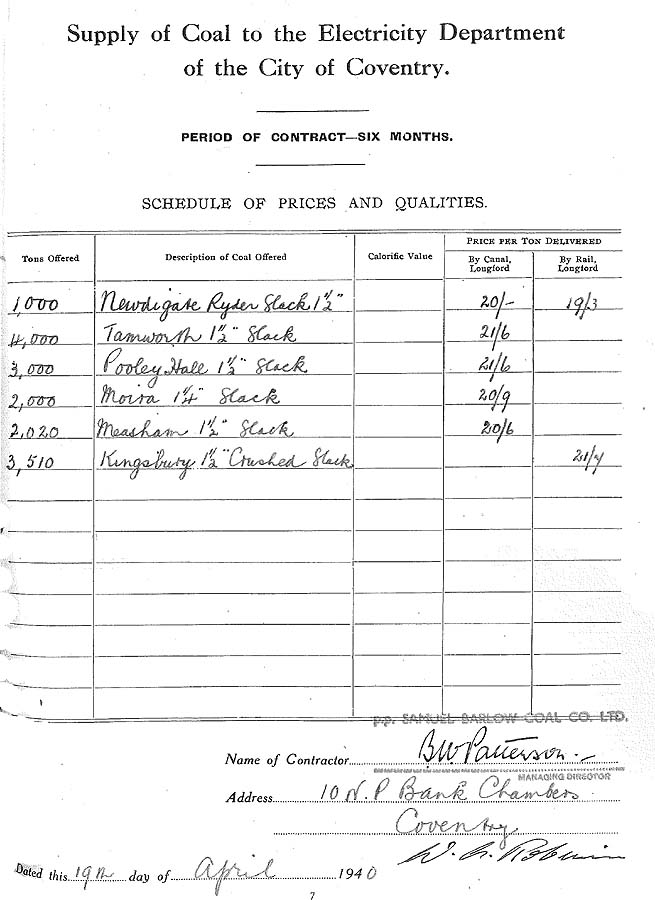 Samuel Barlow Coal Company's contract for the amount of coal to be delivered over a given period from 19th April 1940