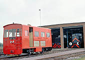 View of Army 9114, a Fire Tender Railcar, seen standing outside Kineton Central Ammunition Depot's locomotive shed